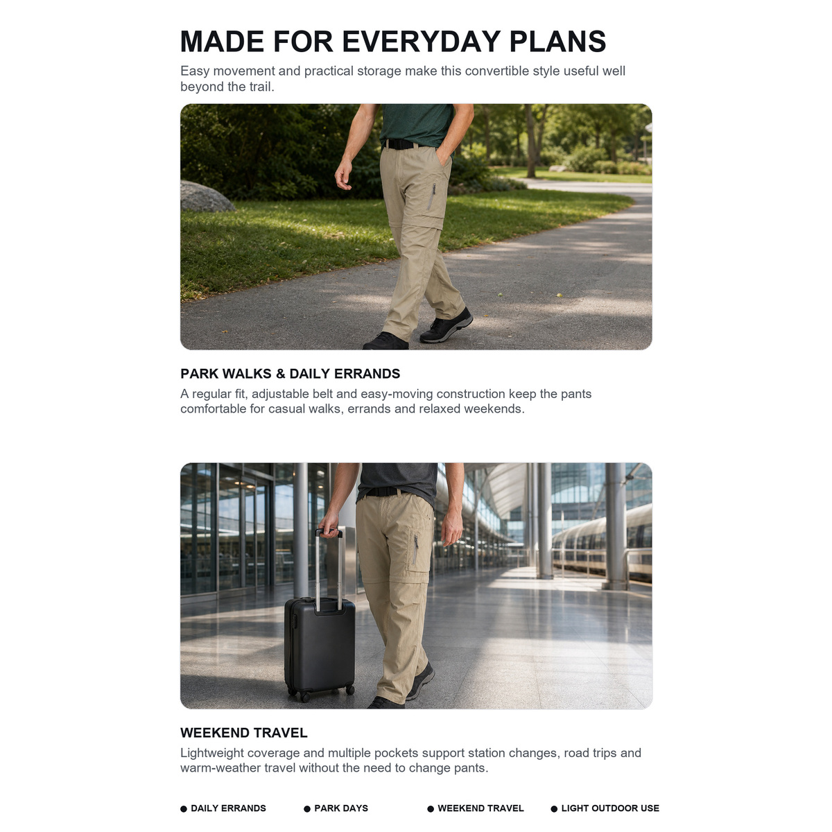 Men's Convertible Stretch Cargo Hiking Pants - Detail 4 - Everyday Park and Weekend Travel Uses
