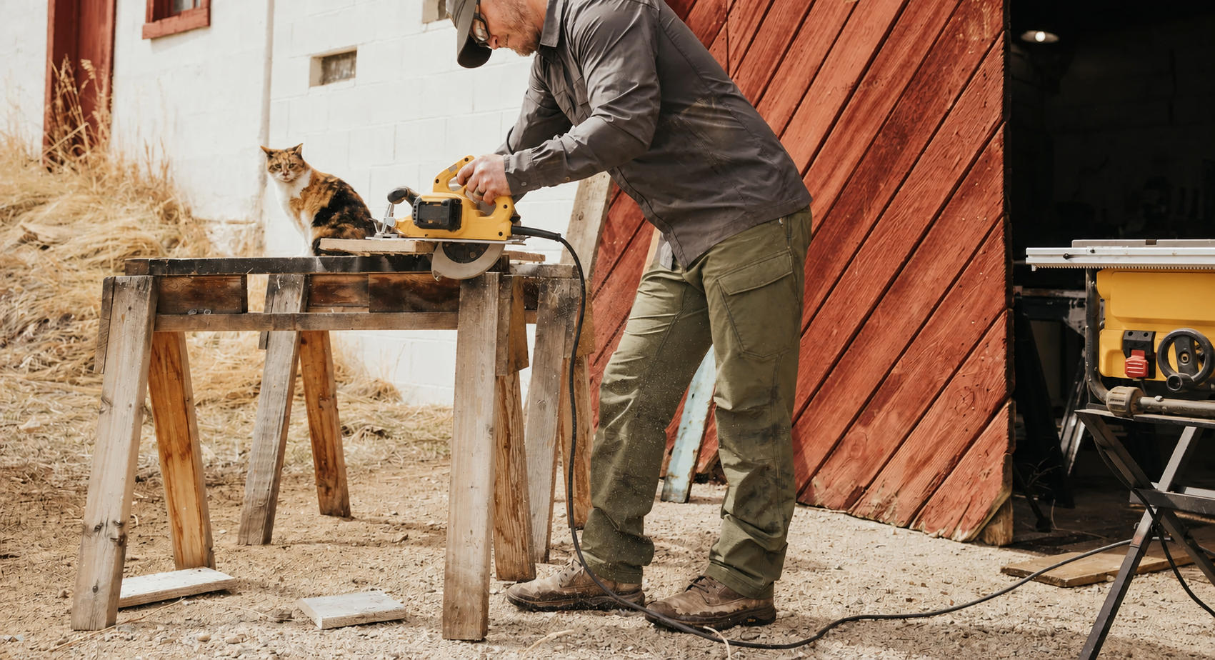 Worker cutting lumber in olive stretch work pants