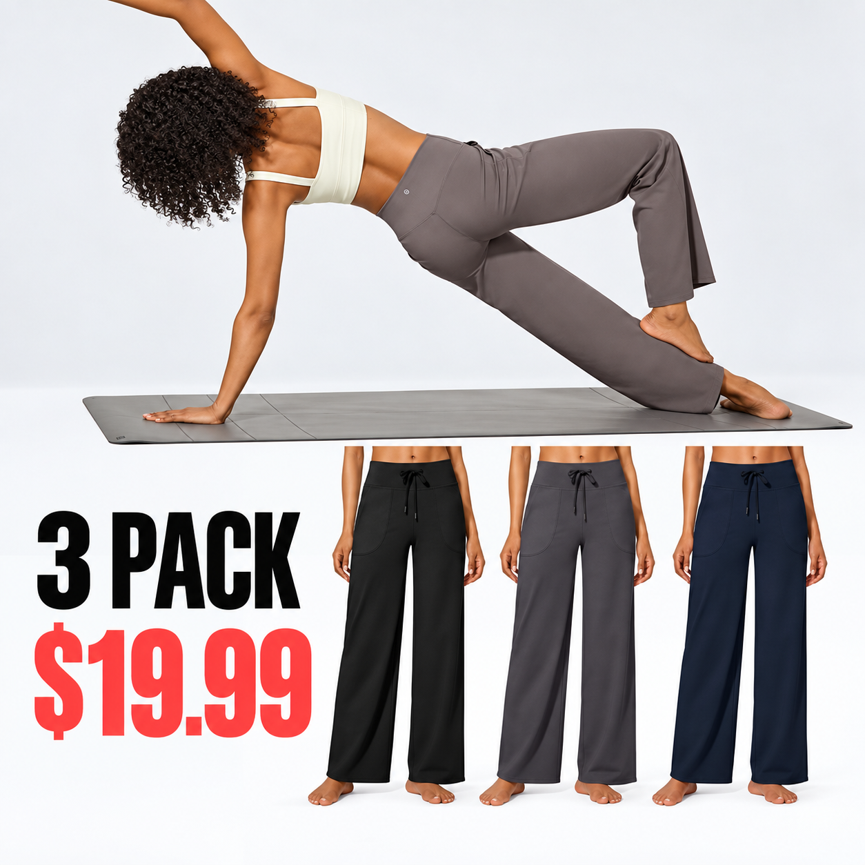 Women's Wide-Leg Yoga Pants - 3-Pack (Black + Dark Grey + Dark Navy) - $19.99 Per Set
