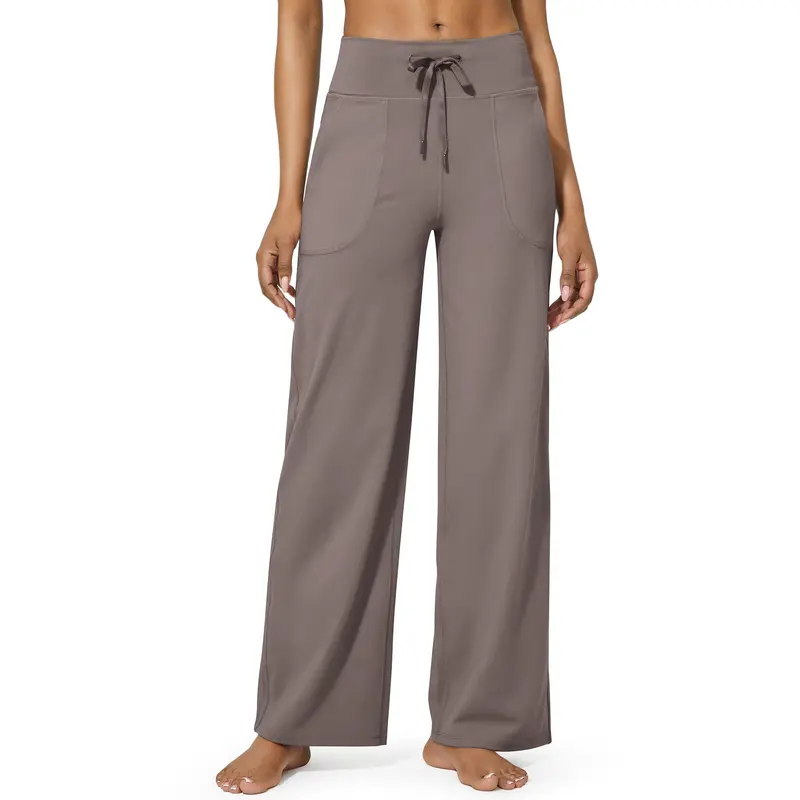 Women's High-Waist Wide-Leg Yoga Pants with Pockets - Taupe
