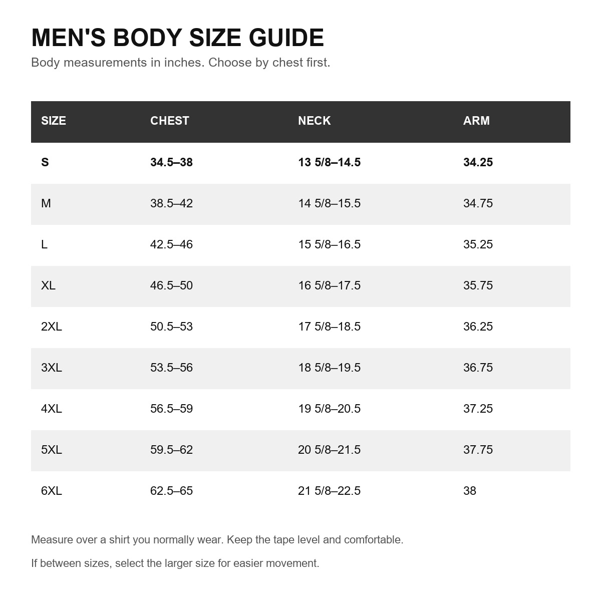 Men's Long-Sleeve Industrial Work Shirt - Body Size Guide