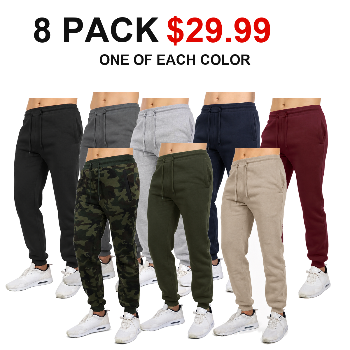 8-pack fleece-lined jogger sweatpants - one of each color - $29.99 - fan layout