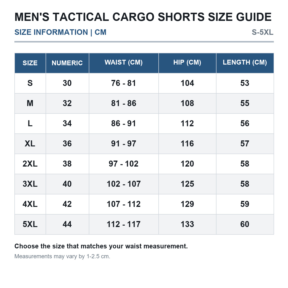 Men's tactical cargo shorts size guide in centimeters S through 5XL