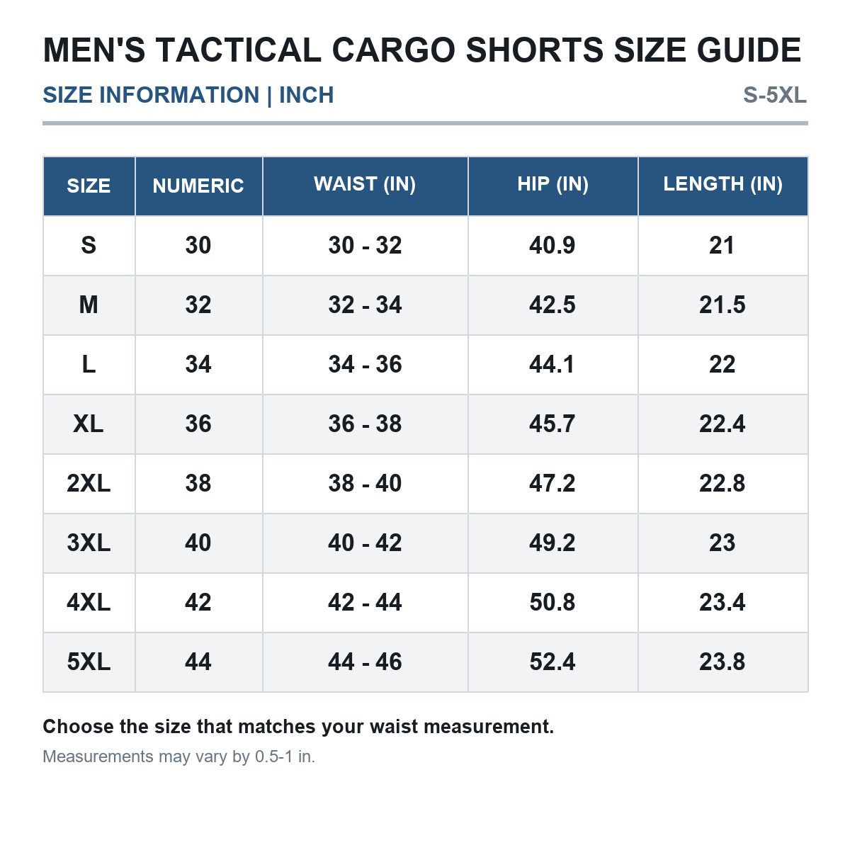 Men's tactical cargo shorts size guide in inches S through 5XL