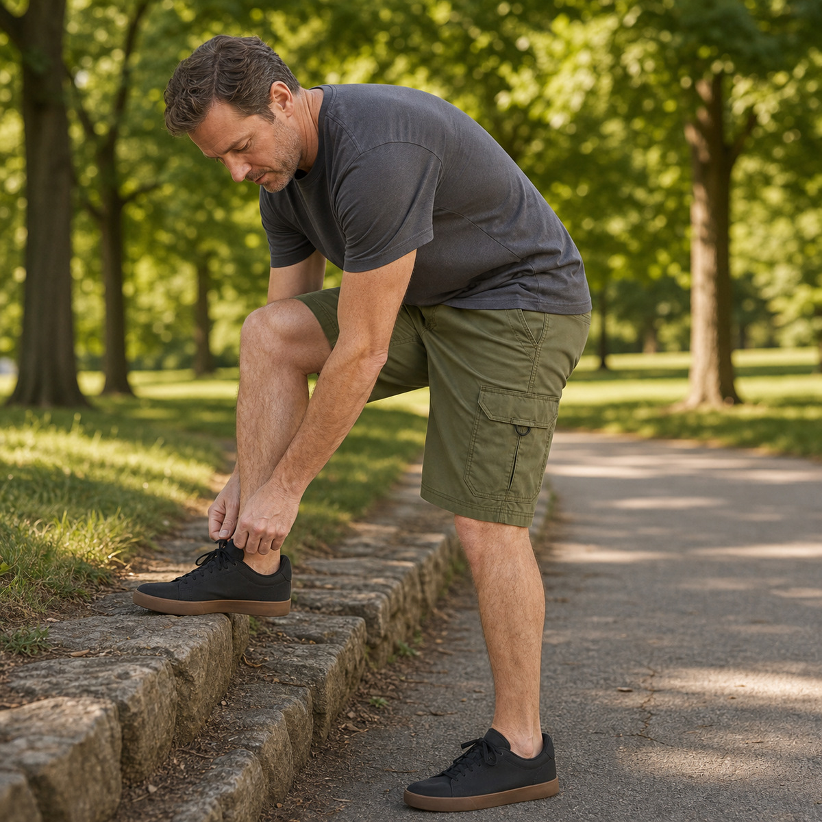 Men's olive cargo shorts for weekend park movement