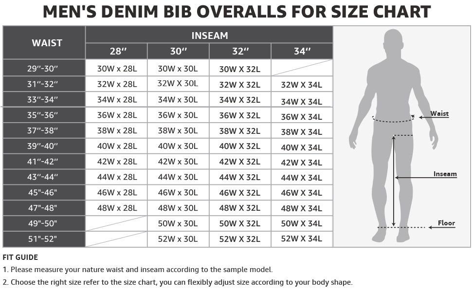 Men's Stonewashed Denim Bib Overalls - Official Waist Size Chart