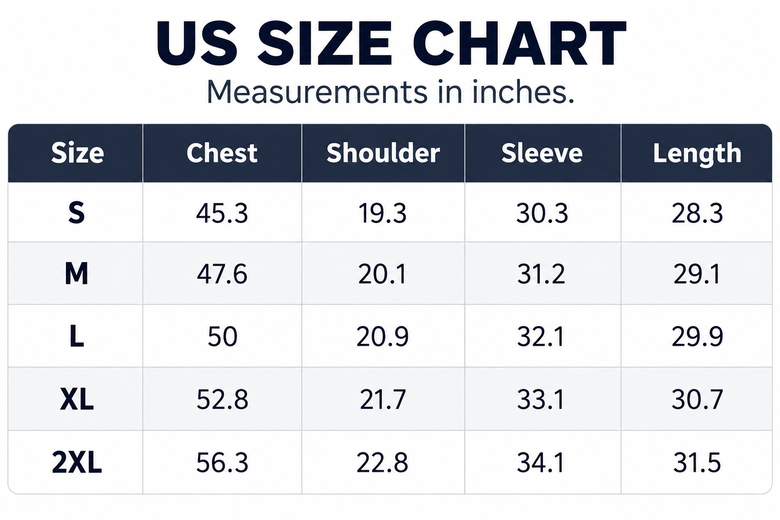 US size chart in inches: S, M, L, XL, 2XL; chest, shoulder, sleeve, length