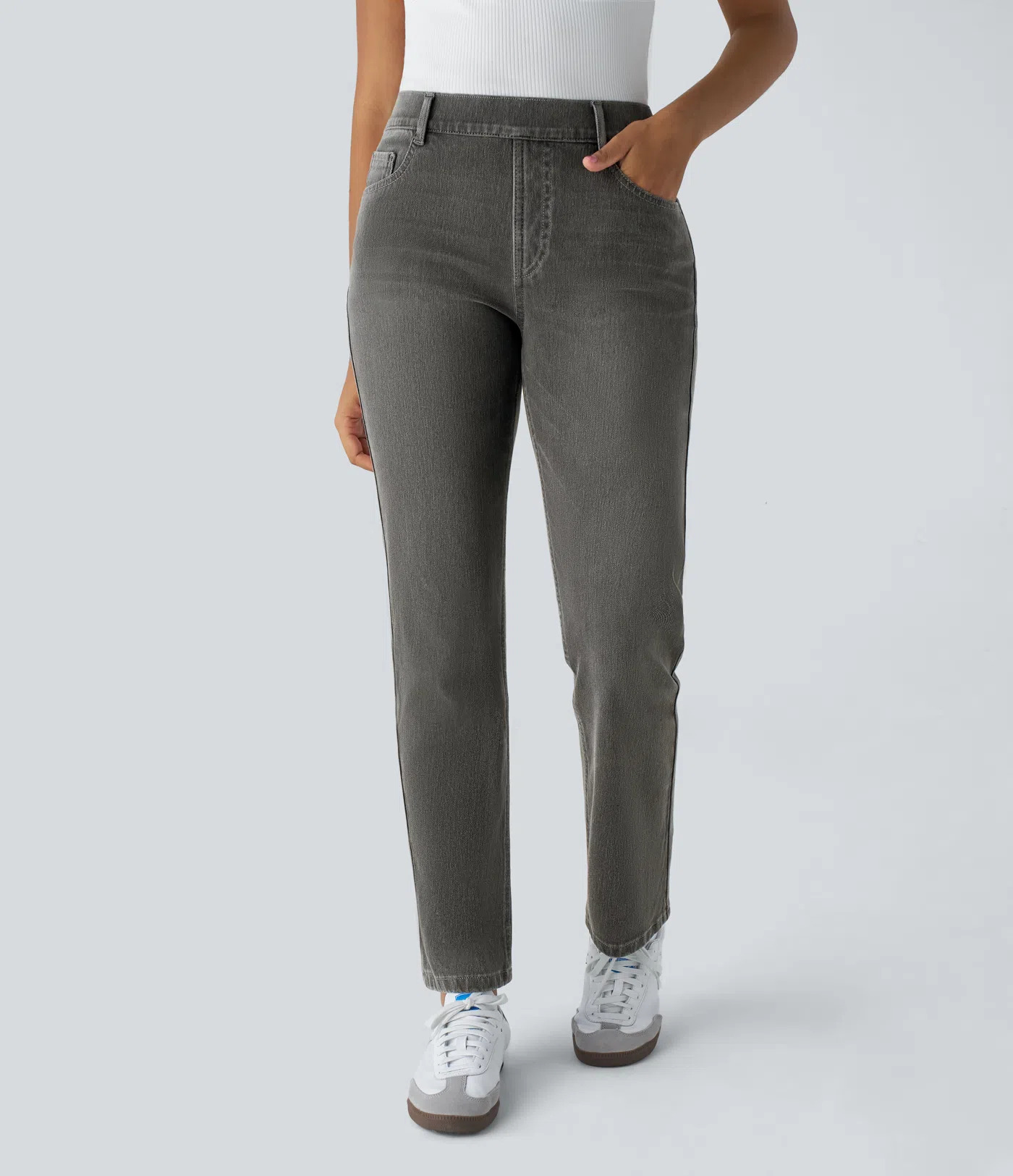 High Waisted Pockets Straight Leg Washed Casual Jeans