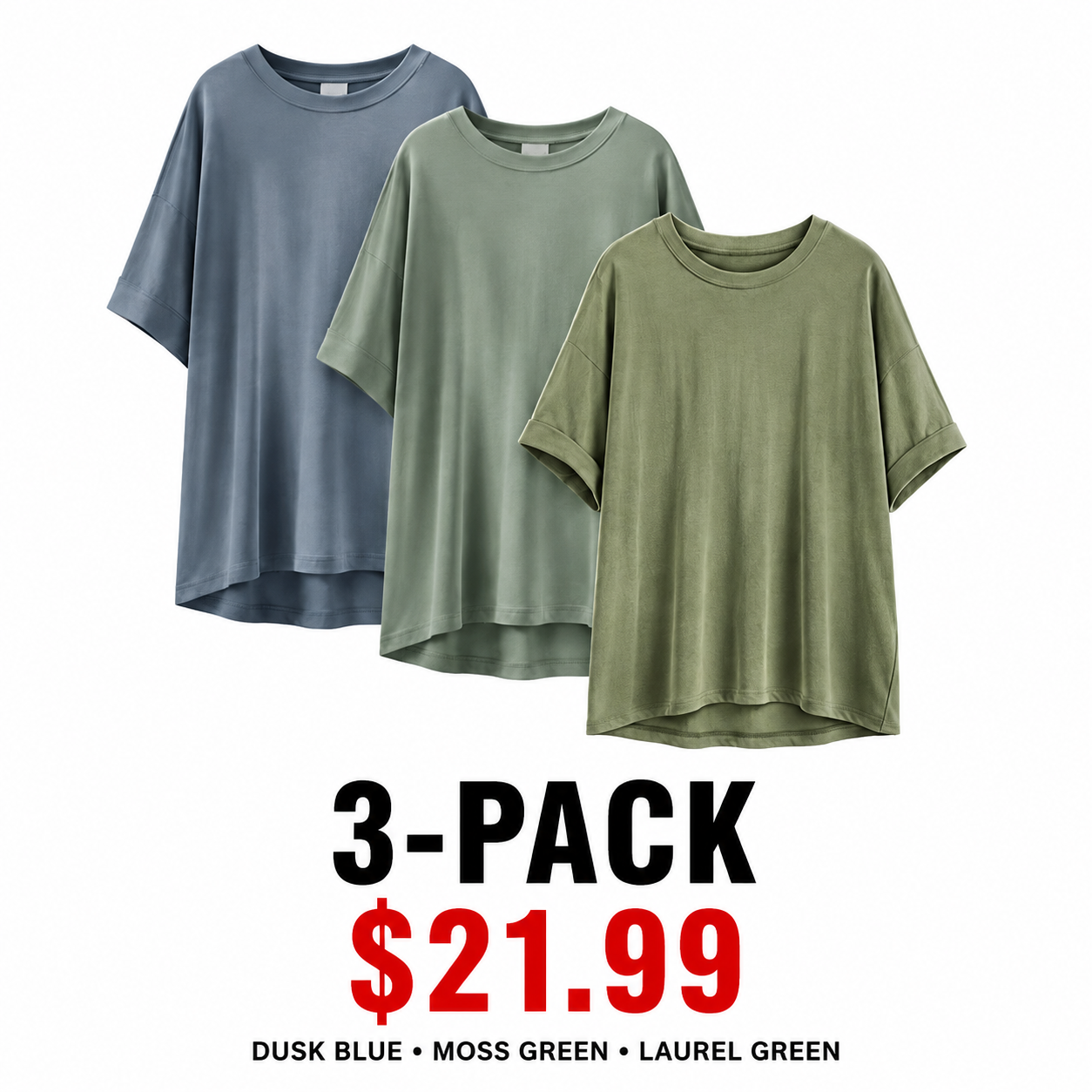 Women's Oversized Soft Stretch Crewneck T-Shirt - 5-Pack - Dusk Blue / Moss Green / Laurel Green 3-Pack