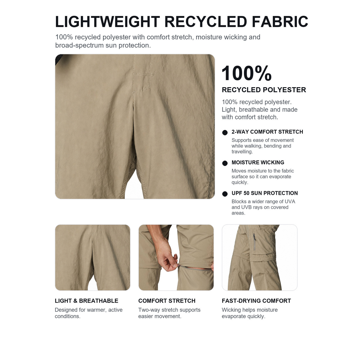 Men's Convertible Stretch Cargo Hiking Pants - Detail 3 - Fabric Composition and Performance Details