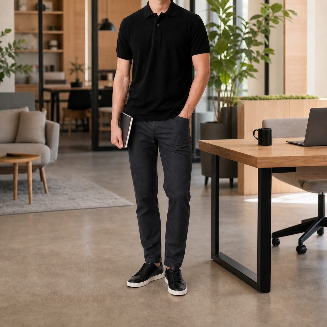 Men's black cotton pique polo in a smart-casual workday setting
