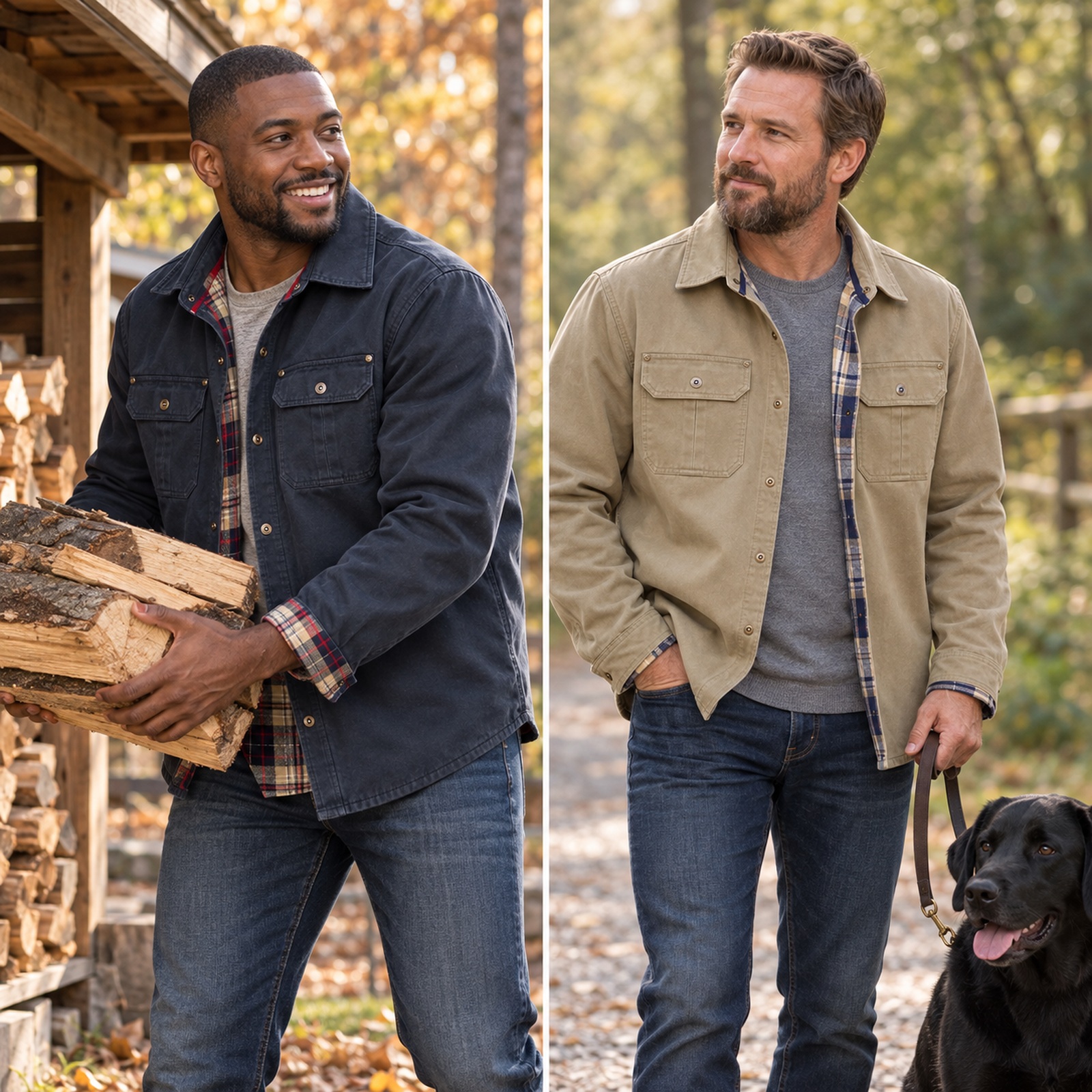 Navy and khaki shirt jackets for everyday outdoor activities