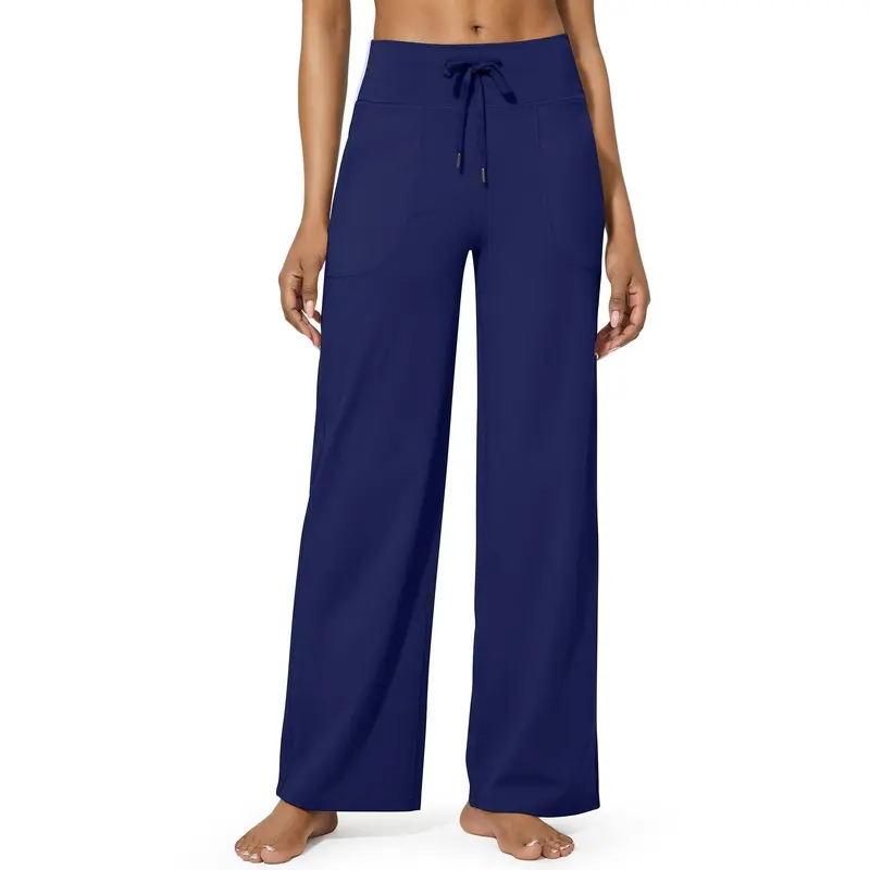 Women's High-Waist Wide-Leg Yoga Pants with Pockets - Royal Blue