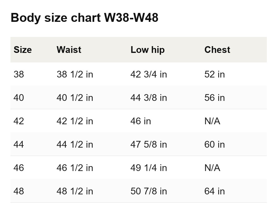 Body size chart W38-W48