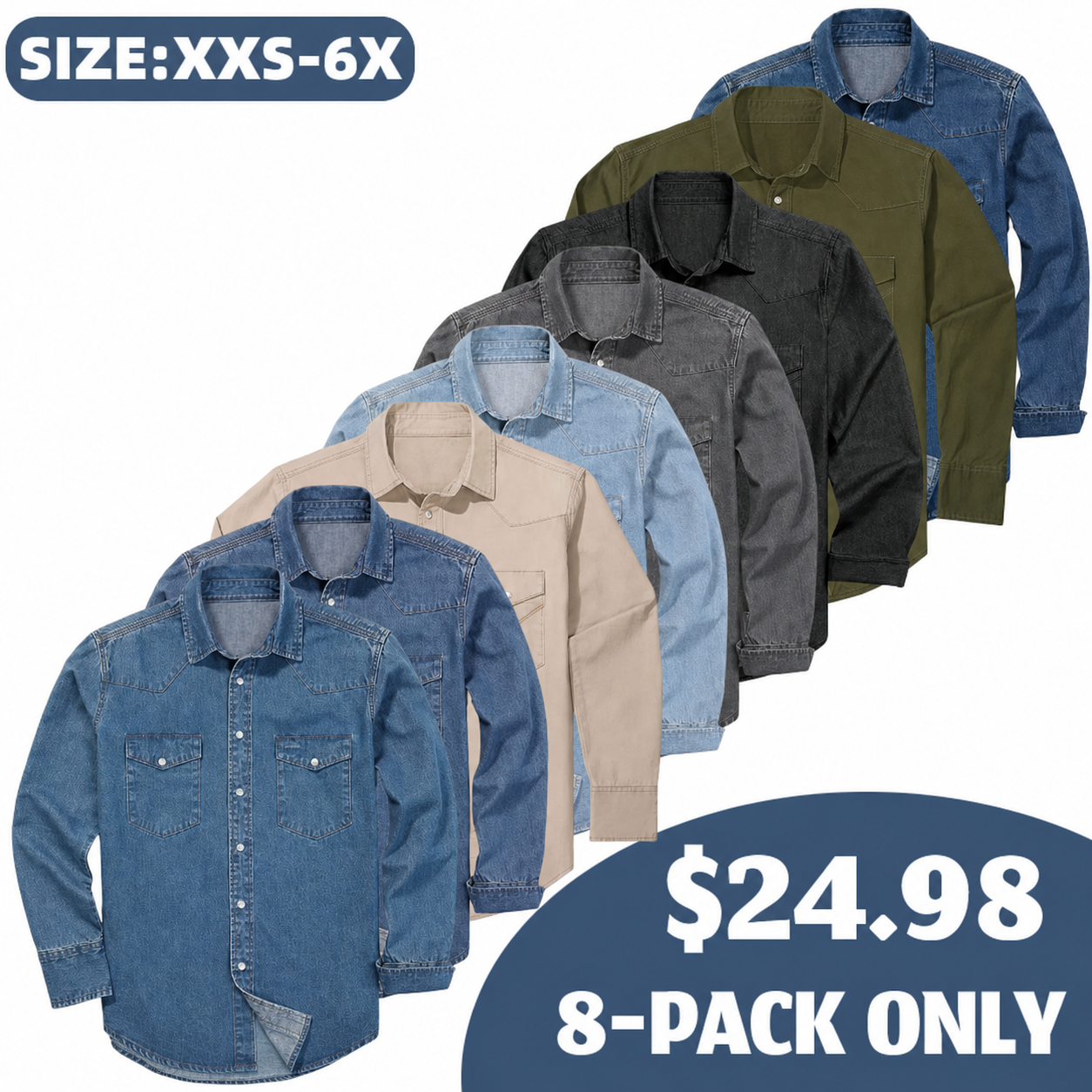 Men's Stonewashed Denim Long Sleeve Work Shirt - 8-Pack (One of Each Color)