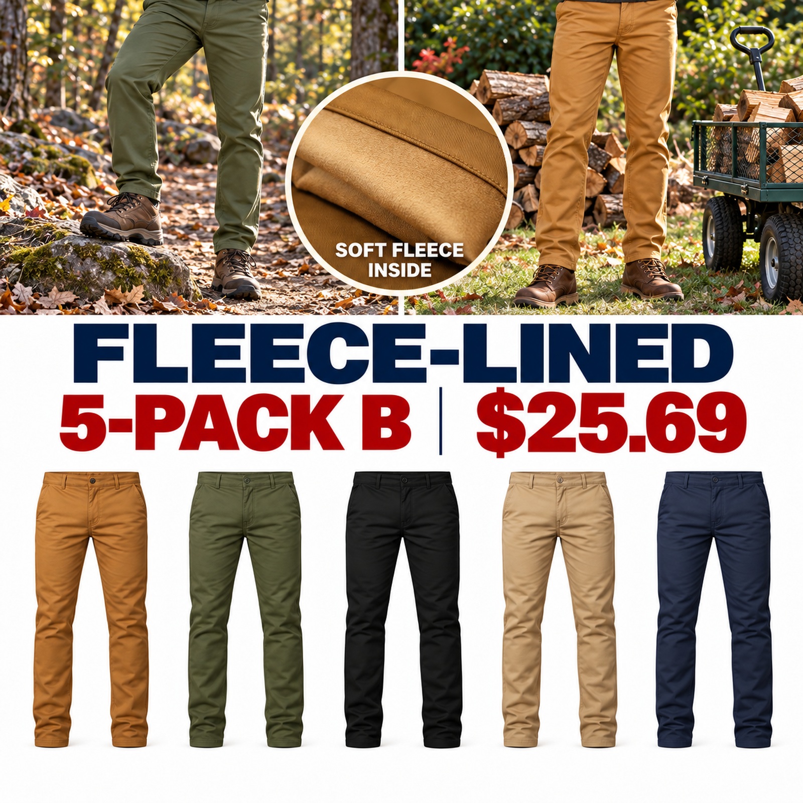 Fleece-lined 5-pack B $25.69 - waist-down hiking and garden scenes - tan fleece detail
