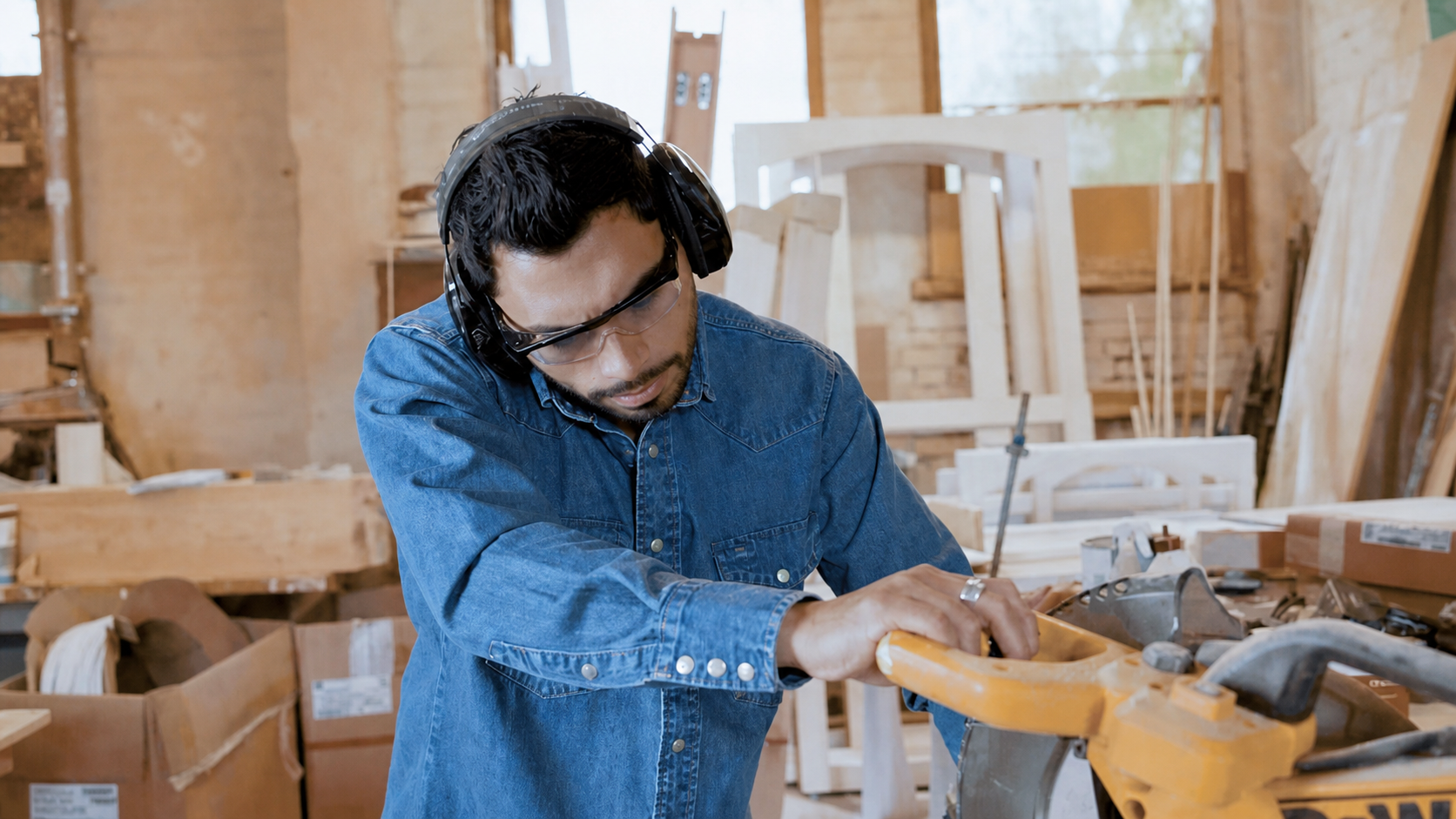 Men's Stonewashed Denim Long Sleeve Work Shirt - Workshop Scene Two