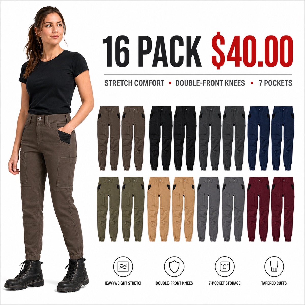 Women's Heavyweight Double-Knee Utility Work Jogger Pants - 16-Pack All Colors