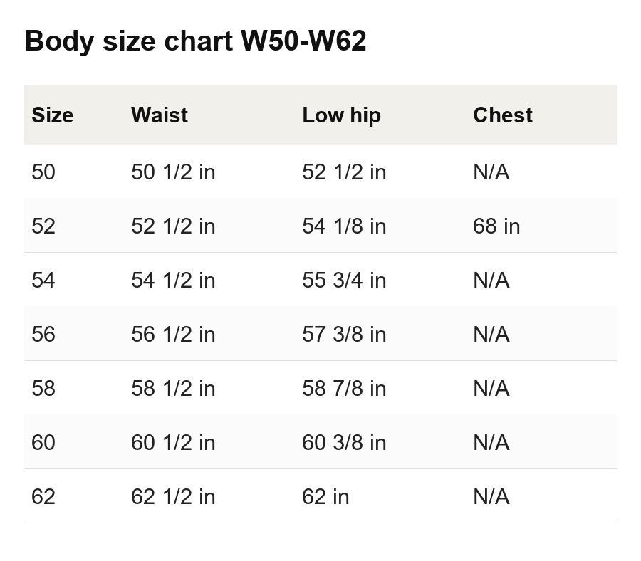Body size chart W50-W62