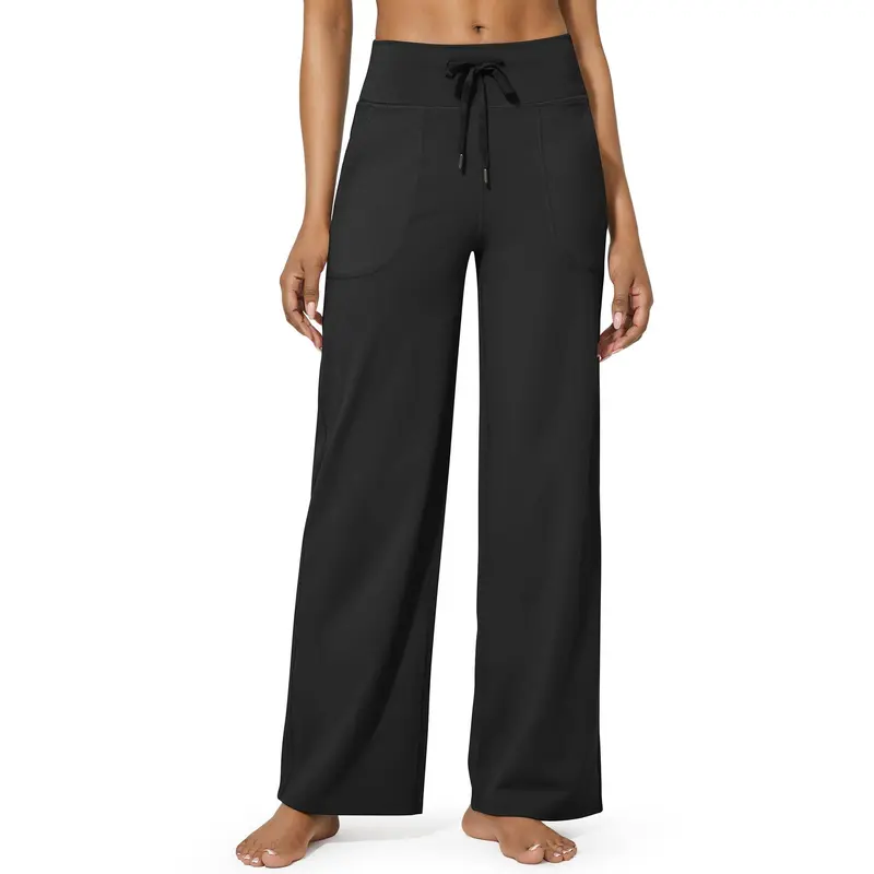 Women's High-Waist Wide-Leg Yoga Pants with Pockets - Black