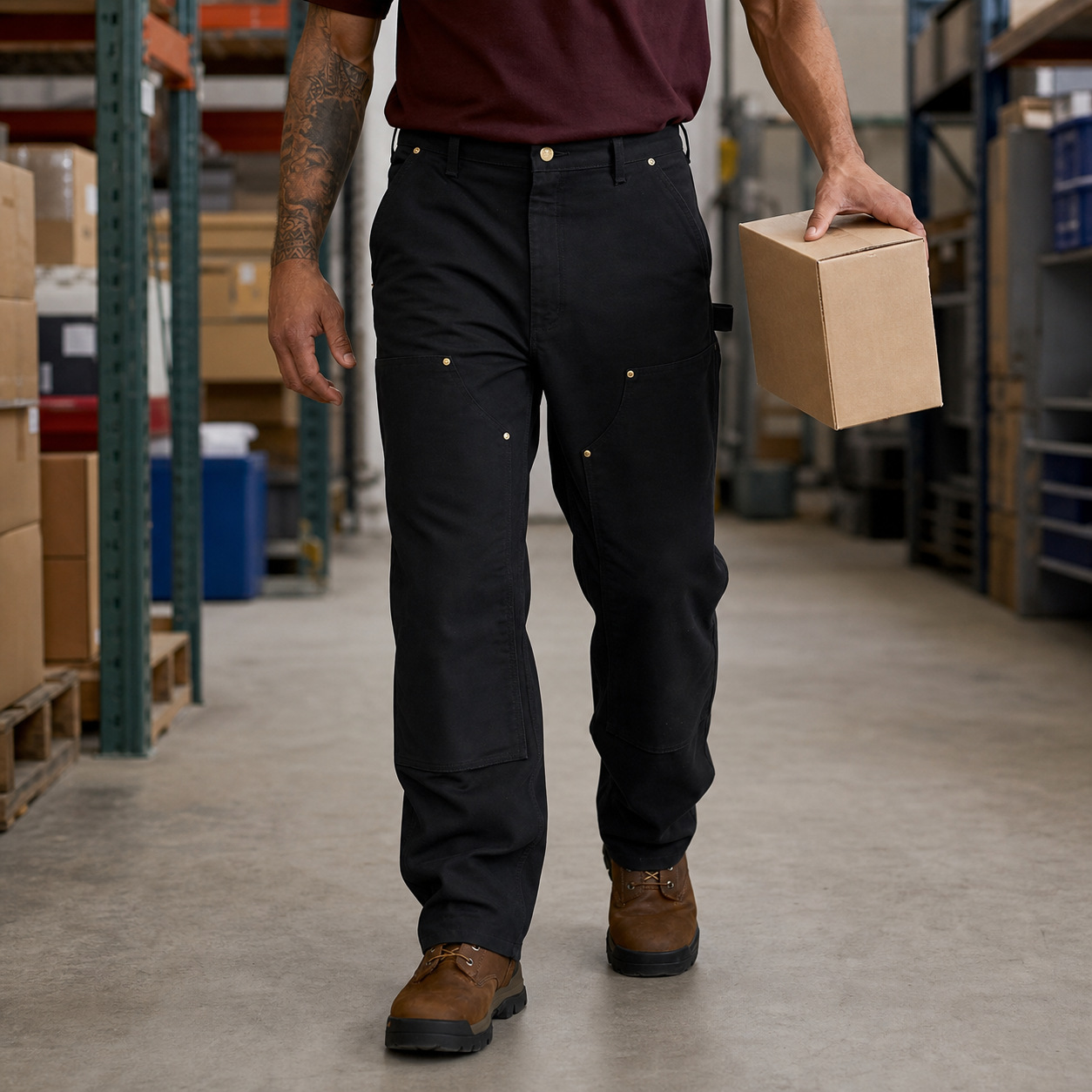 Men's black double-front work pants in a stockroom