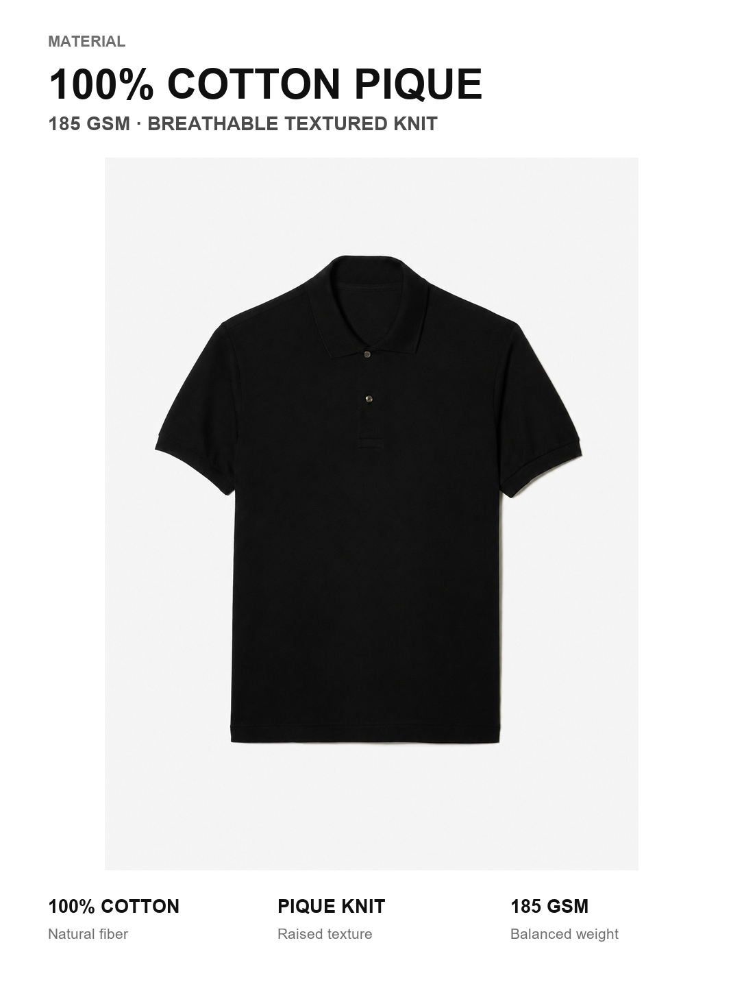 Men's 100% cotton pique polo - 185 GSM material overview