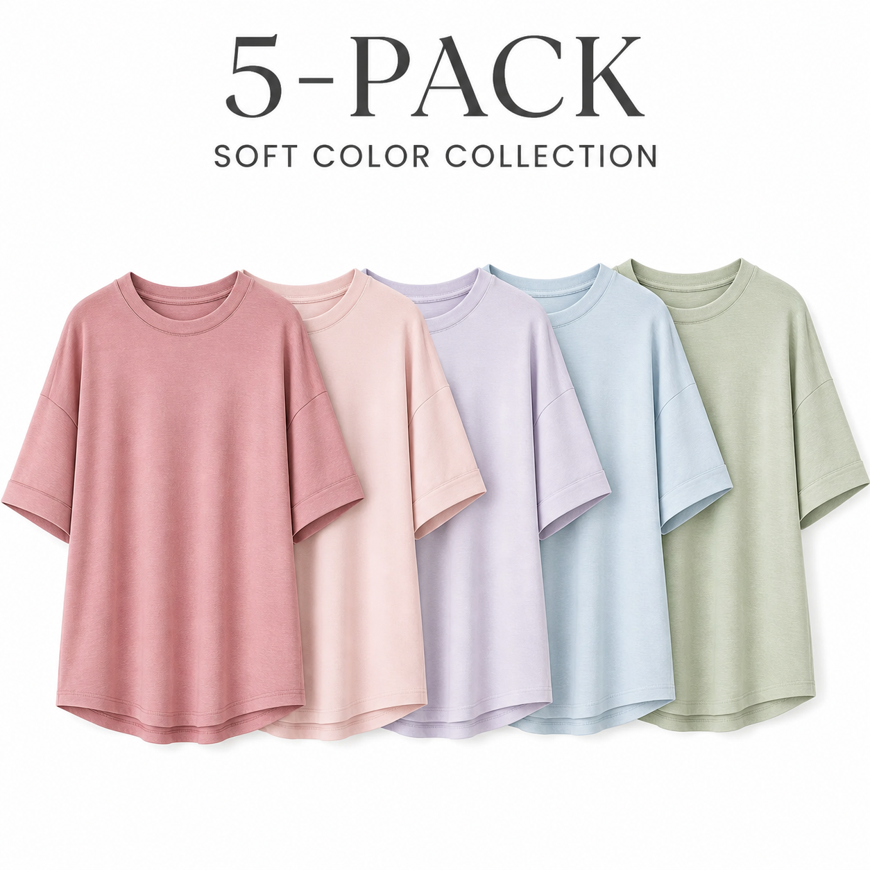 Women's Oversized Soft Stretch Crewneck T-Shirt - 5-Pack - Soft Color Collection