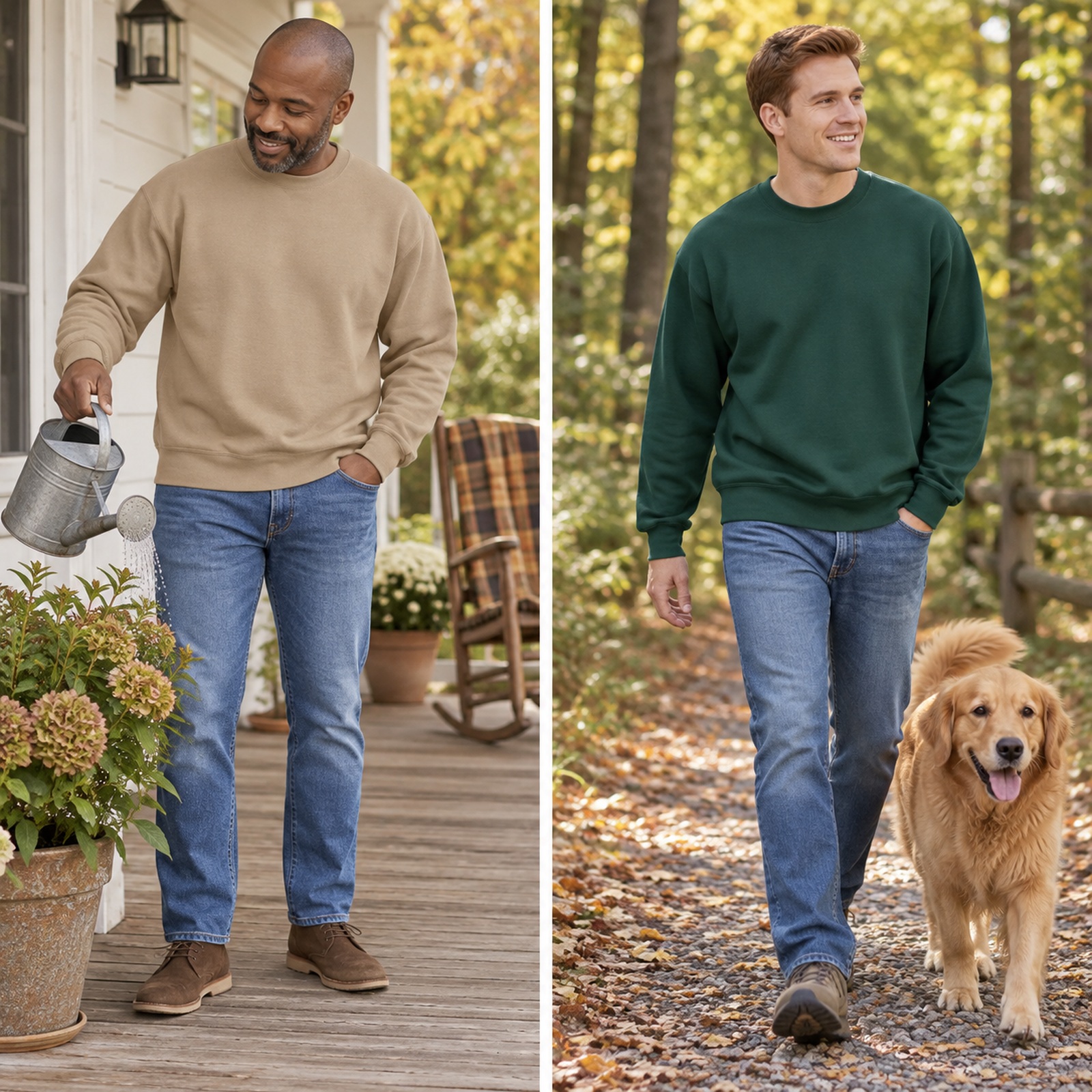 Sand and forest green crewneck sweatshirts for everyday fall activities