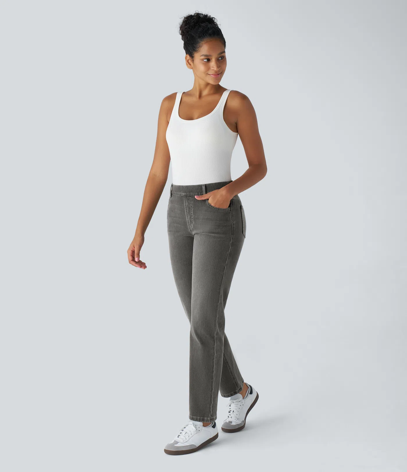 High Waisted Pockets Straight Leg Washed Casual Jeans