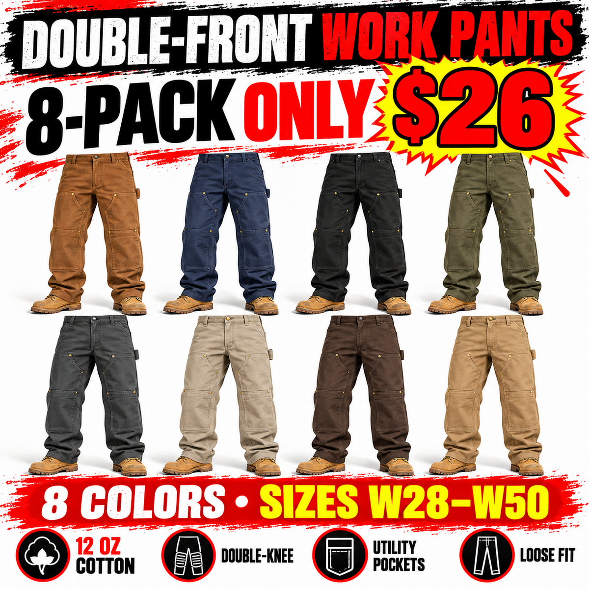 Men's Loose Fit Firm Duck Double-Front Work Pants