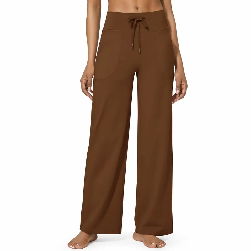 Women's High-Waist Wide-Leg Yoga Pants with Pockets - Dark Coffee