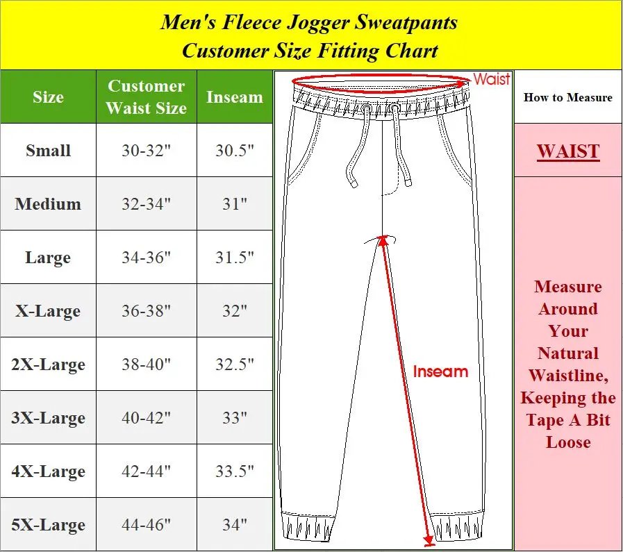 Official fleece jogger waist and inseam size chart