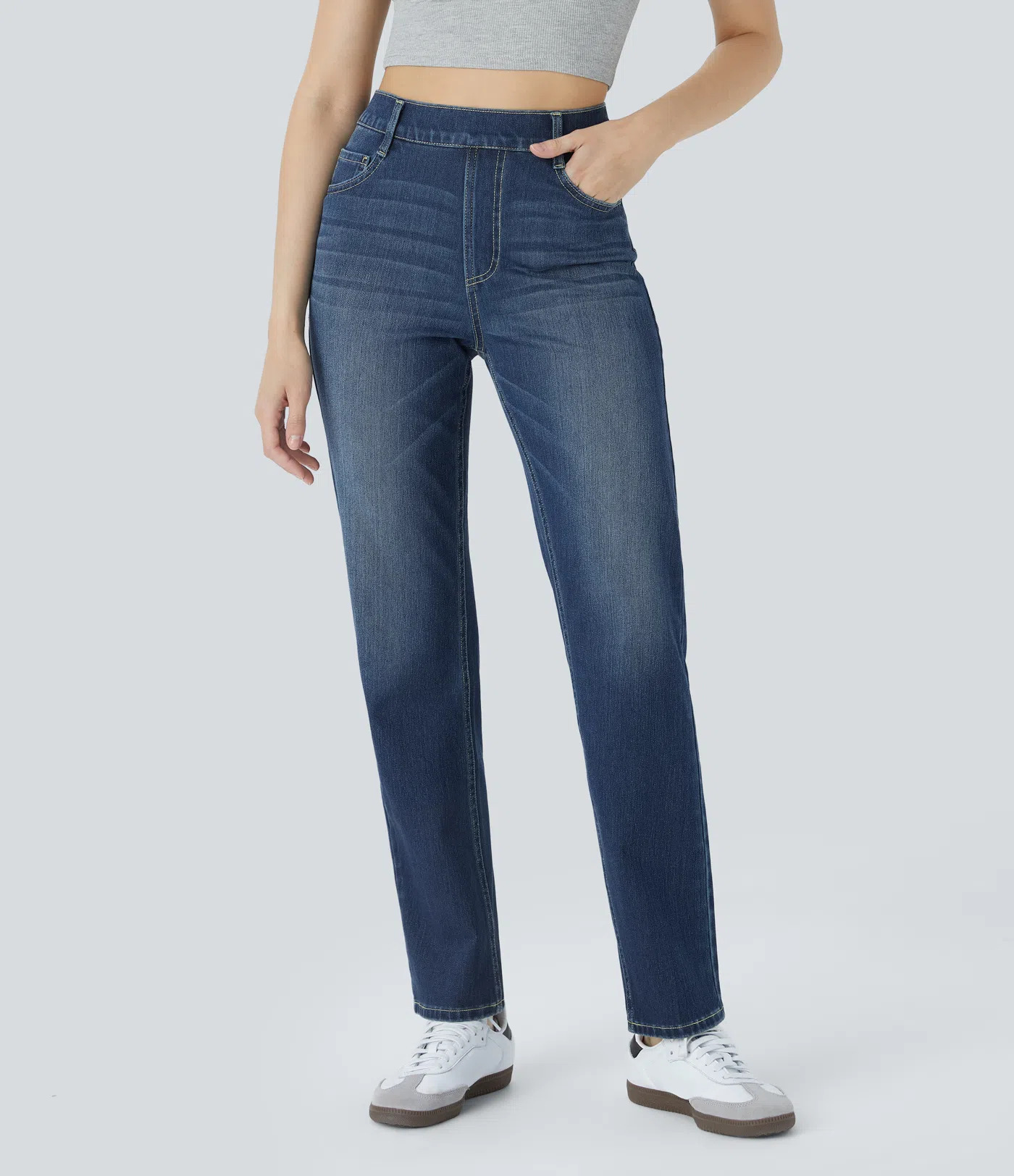 High Waisted Pockets Straight Leg Washed Casual Jeans