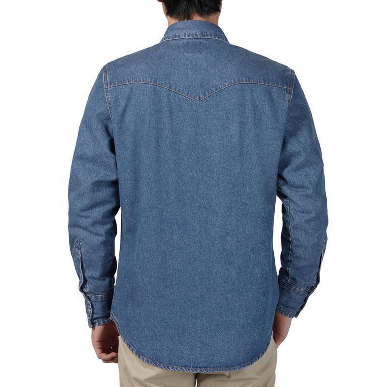 Men's Stonewashed Denim Long Sleeve Work Shirt - Back Model View