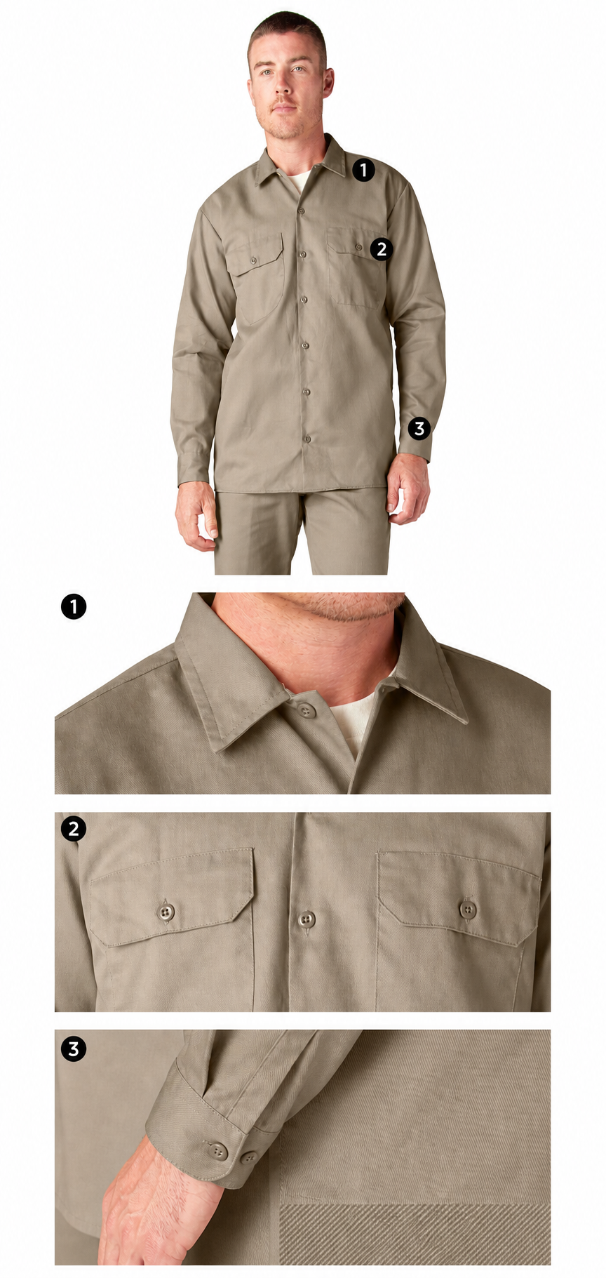 Men's Long Sleeve Twill Work Shirt - Numbered Construction Details