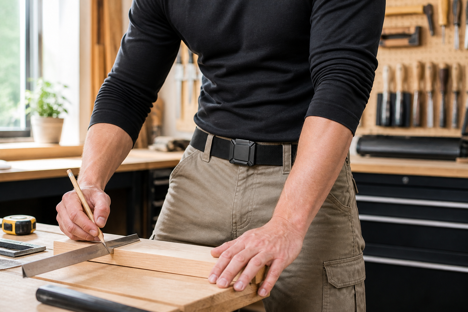 Black tactical work belt in a workshop