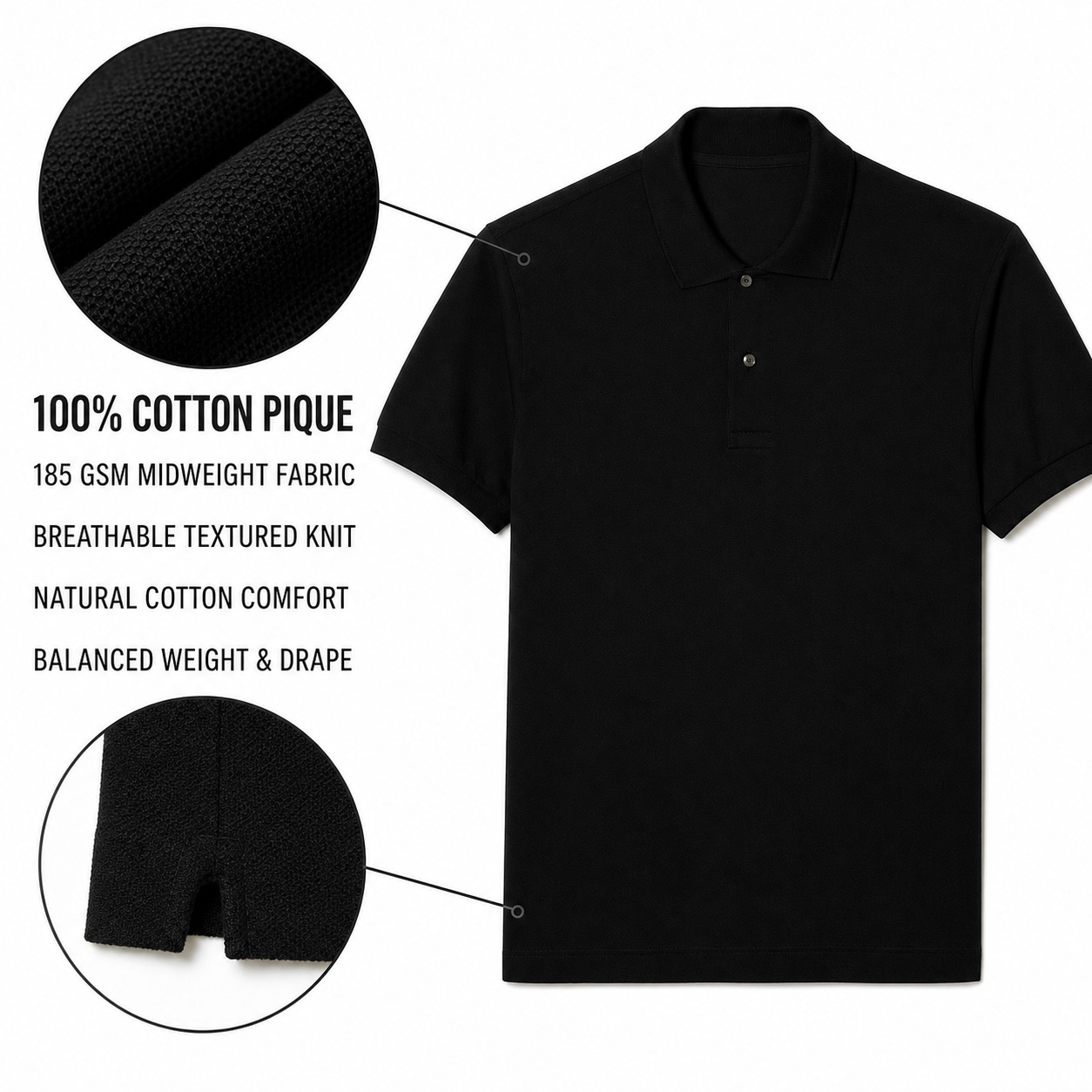 Men's 100% cotton pique polo material and 185 GSM fabric