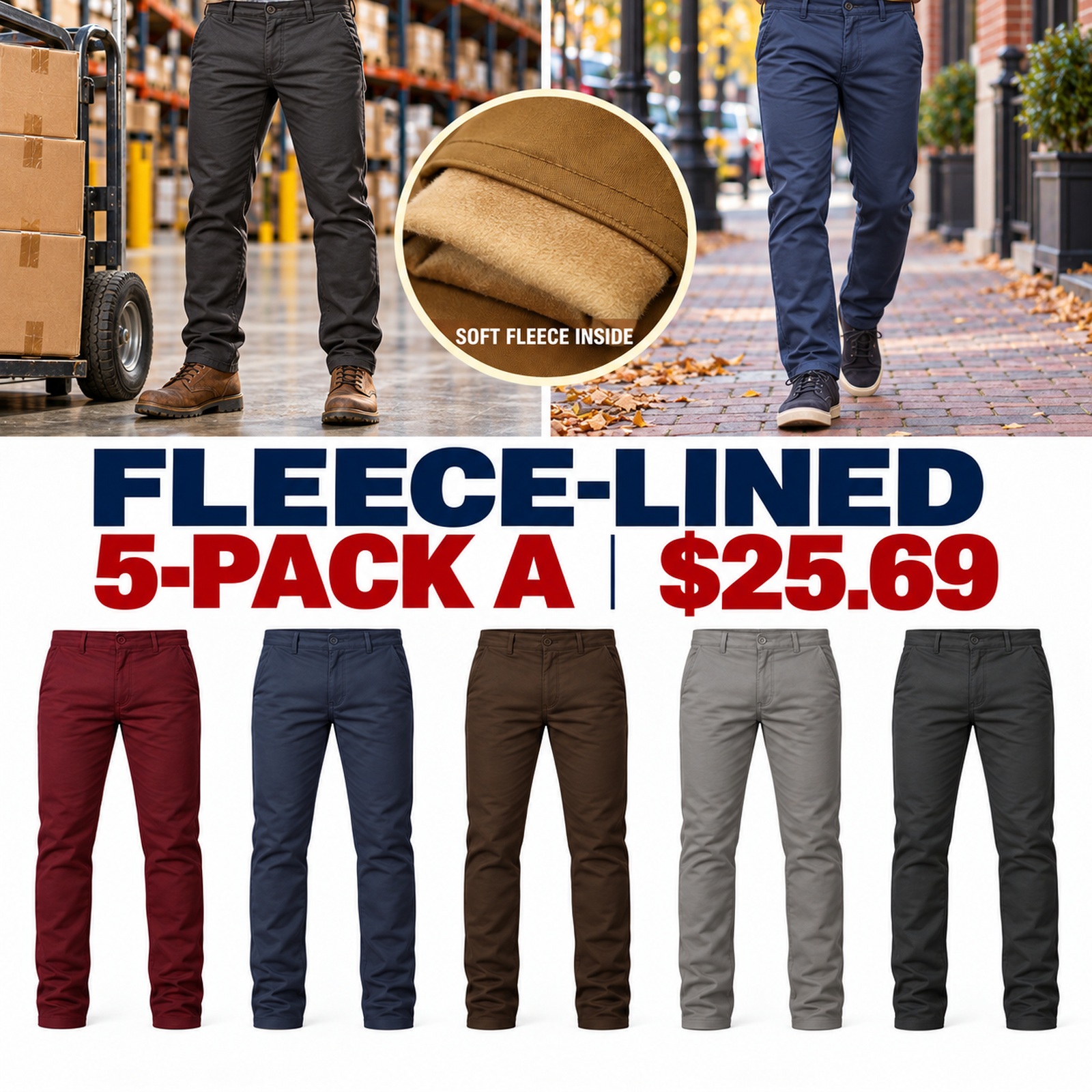 Fleece-lined 5-pack A $25.69 - waist-down warehouse and city scenes - tan fleece detail