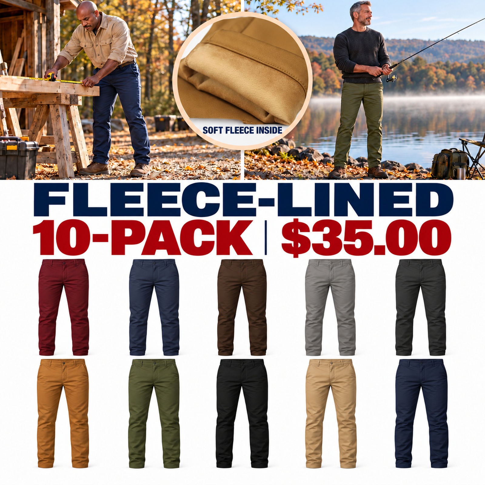 FLEECE-LINED 10-PACK $35.00 - tan brushed fleece lining matching product detail