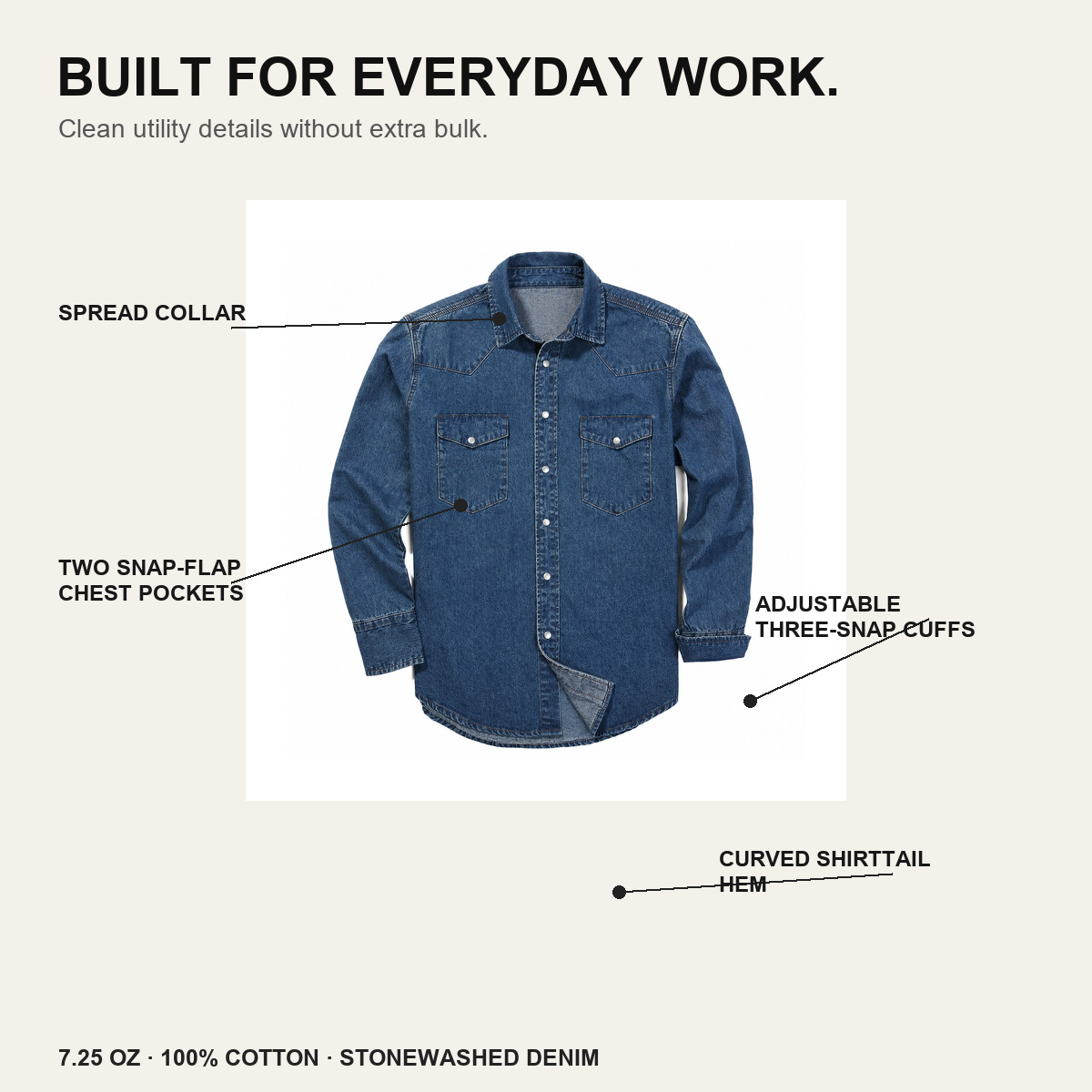 Men's Stonewashed Denim Long Sleeve Work Shirt - Structure Overview