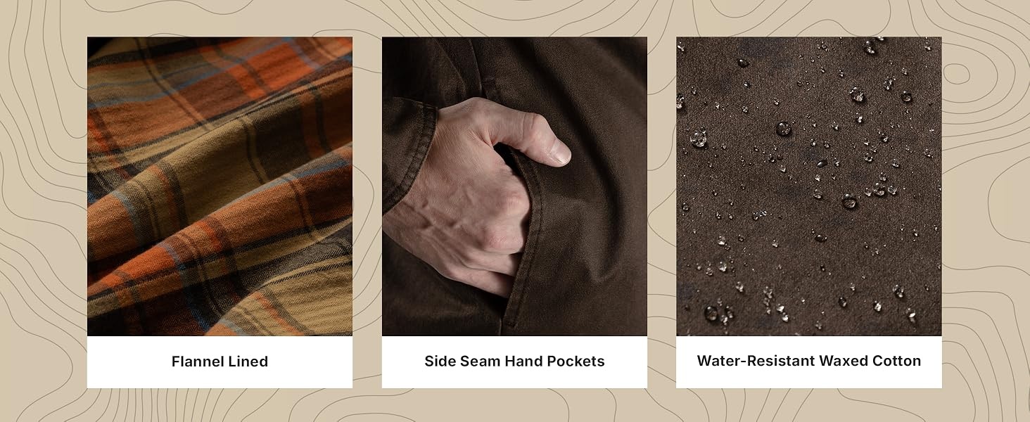 Flannel lining, side-seam hand pockets and water-resistant fabric