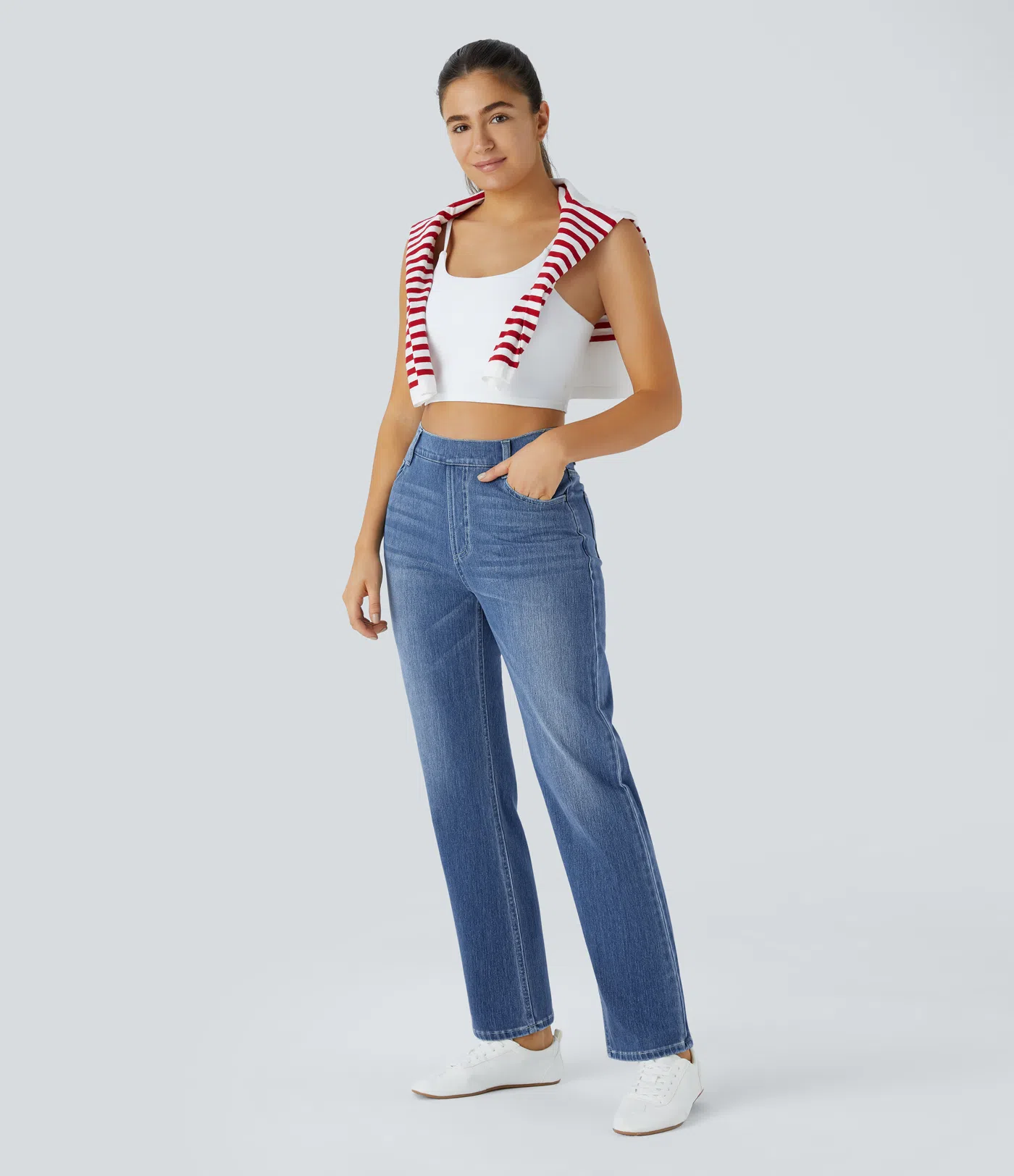 High Waisted Pockets Straight Leg Washed Casual Jeans