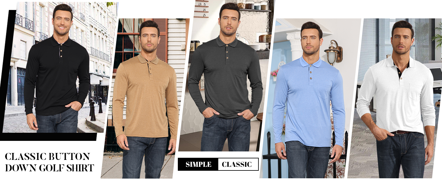 Mens long sleeve activewear polo shirt that sports and leisure; Solid color; pocket on the chest