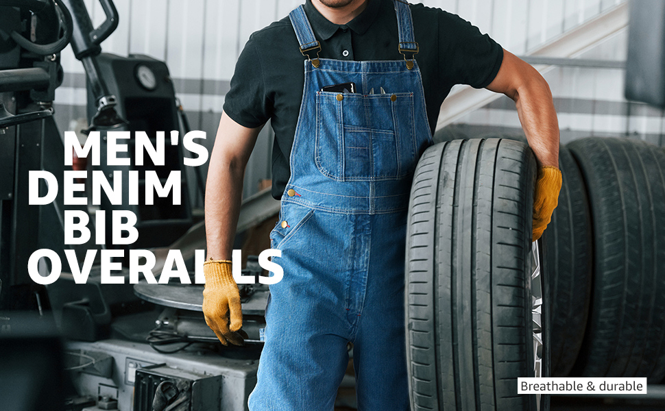 Men's Stonewashed Denim Bib Overalls - Official Work Scene 1