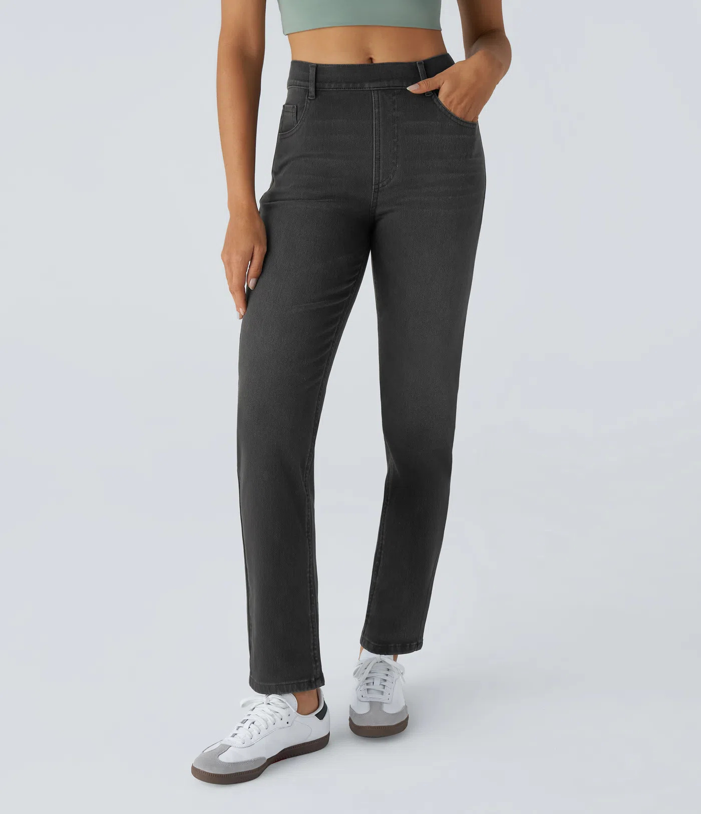 High Waisted Pockets Straight Leg Washed Casual Jeans