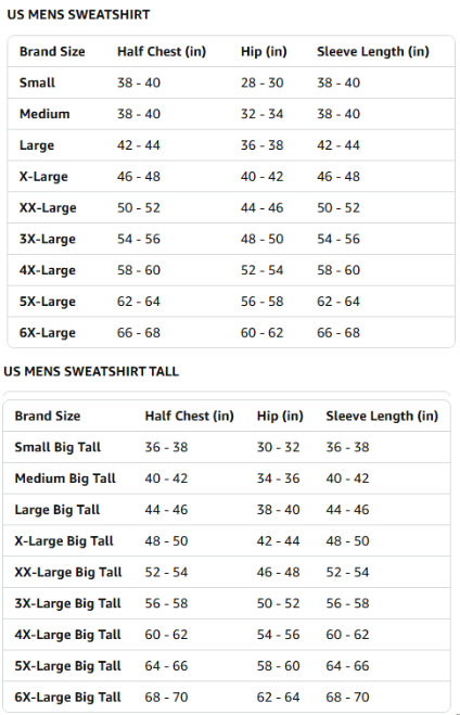 US Mens Sweatshirt Size Chart - Regular and Big Tall