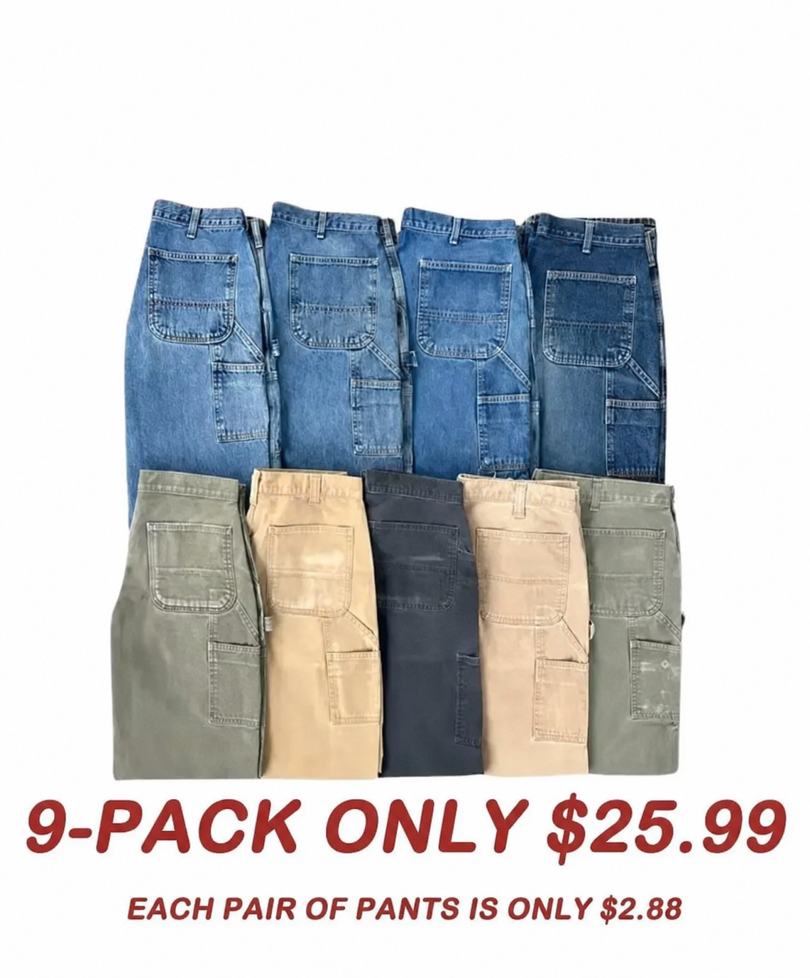 Men's Loose Fit Washed Duck Utility Work Pant 9-Pack with 7 Pockets