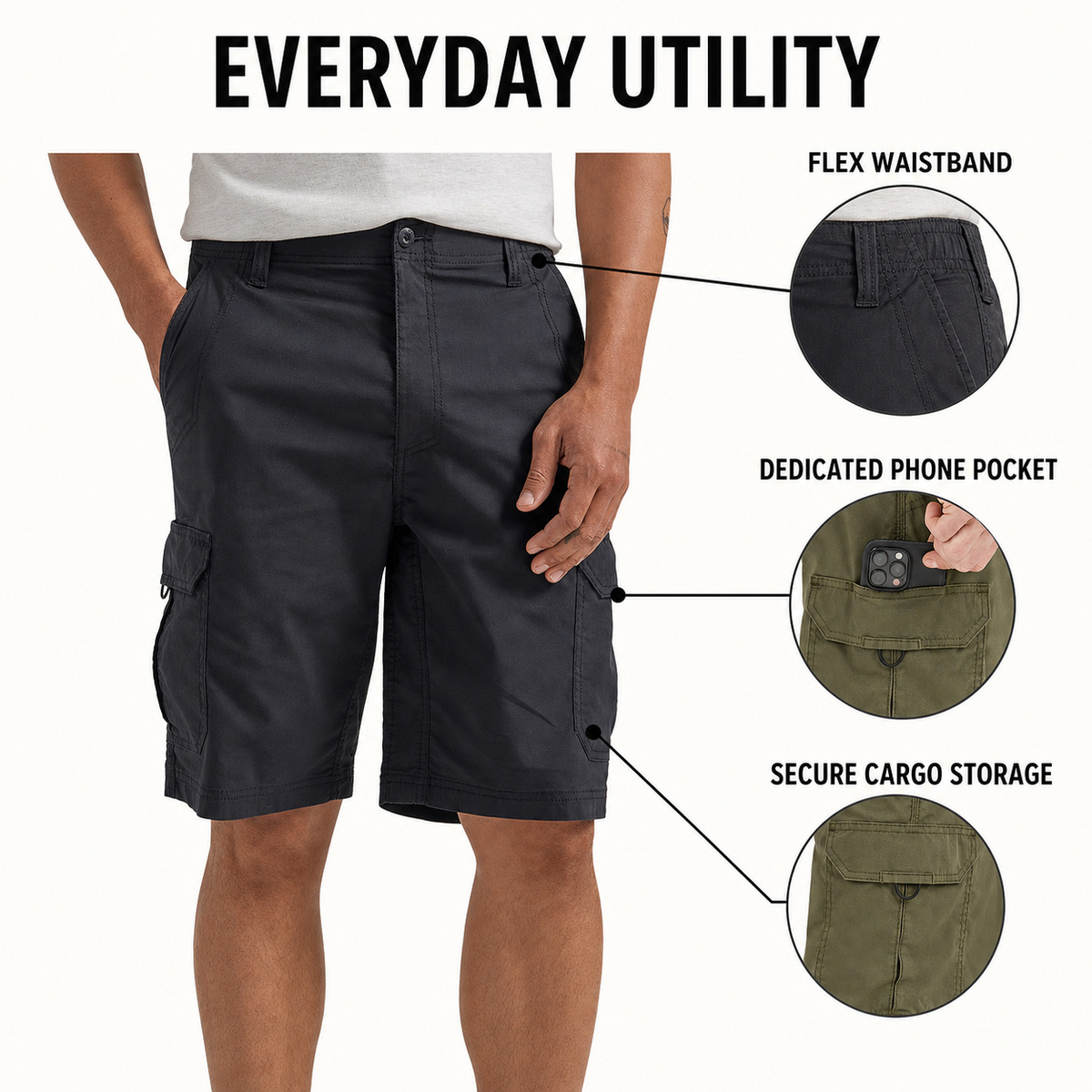 Men's stretch cargo shorts everyday utility details