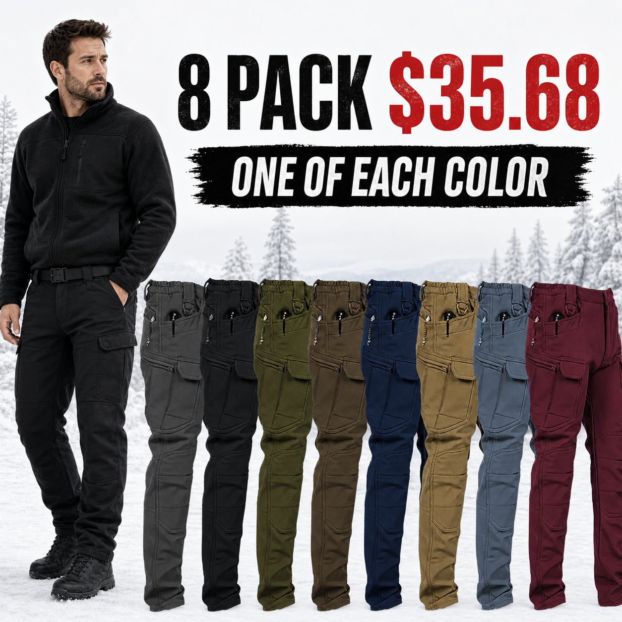 Eight-pack fleece-lined tactical cargo pants in eight colors