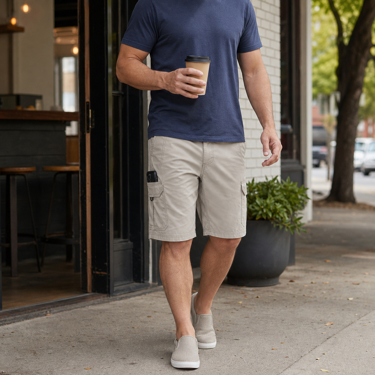 Men's stone cargo shorts for coffee and everyday errands